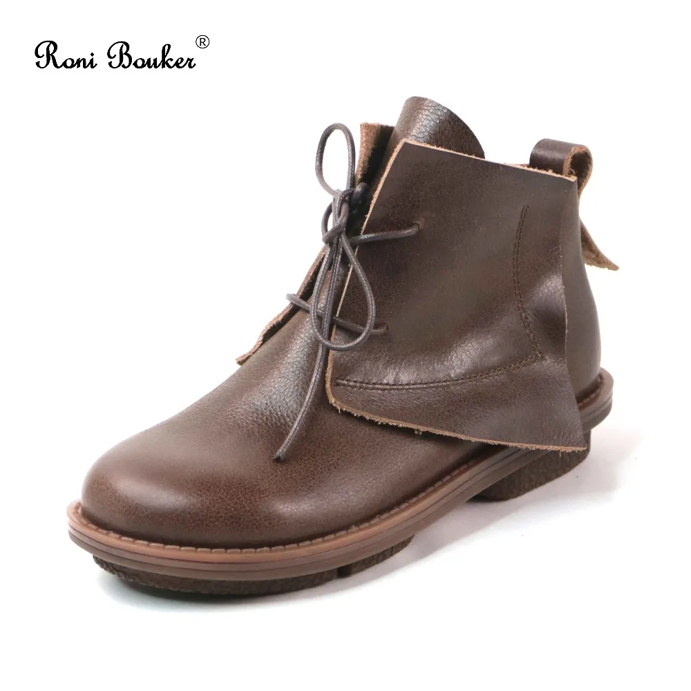 

Roni Bouker Genuine leather Shoes Woman Flats Handmade Vintage Retro Lace up Soft Comfortable Casual Ankle Booties for Women