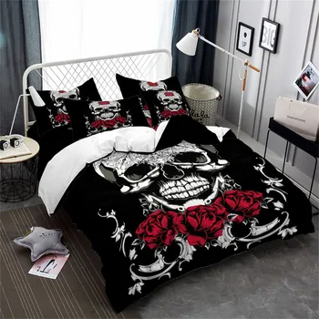 

Ladies Sugar Skull Bedding Set Red Flowers Print Duvet Cover Twin Full King Queen Bed Cover Pillowcase Halloween Bed Set D35