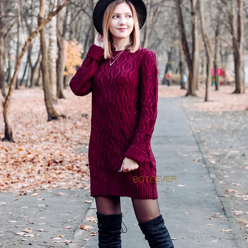 

BGTEEVER Autumn Winter Thick Knitted Sweater Dress Women Dress Female Full Sleeve Knitted Dress Femme Vestidos Plus size 2019