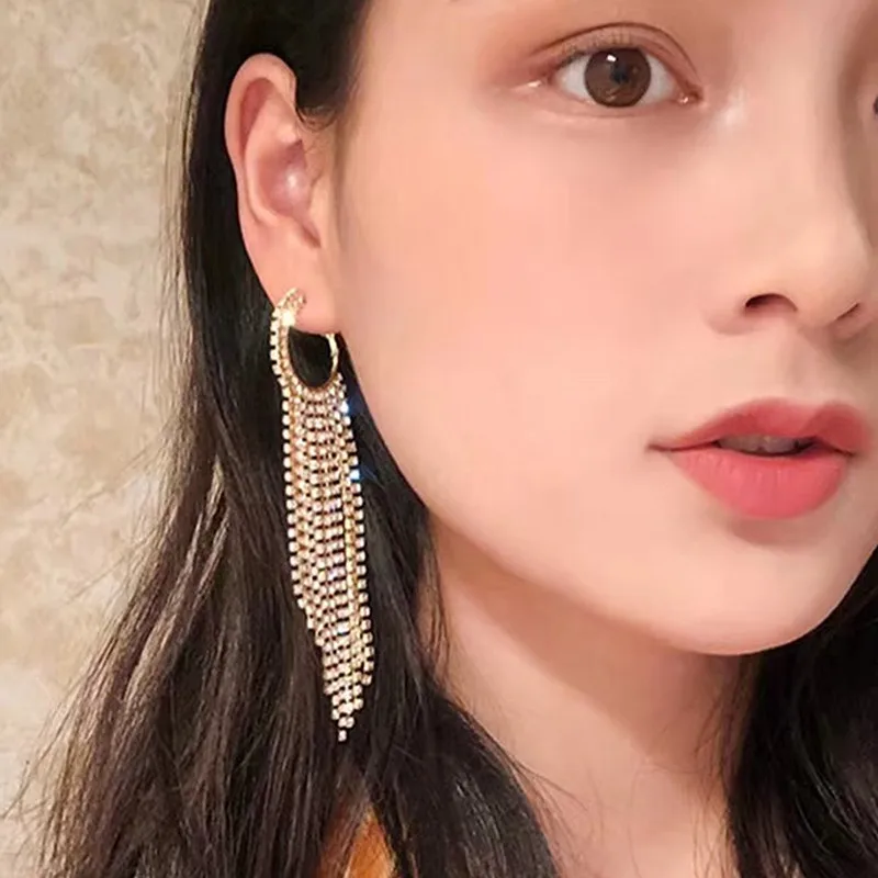 

Boutique Stunning Rhinestone Chain Dangle Earrings For Women Fashion Accessories New Design Statement Earrings Jewelry Wholesale