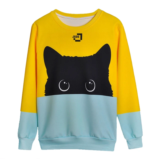 Harajuku Hit Color Yellow Blue Cat Fashion Men Women Sweatshirt Space