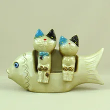 Wacky керамика любителей кошек миниатюрный ручной работы фарфоровый котенок и рыбы Статуэтка для украшения Новинка подарок ремесло орнамент аксессуары
