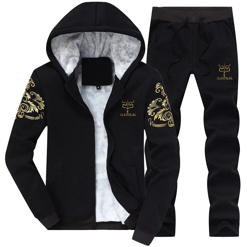 Sweatshirt Men Tracksuit Men Set Sweatshirts New 2018 Brand Winter Thick Warm Print Hoodie Set Fleece Collar Fleece Casual 
