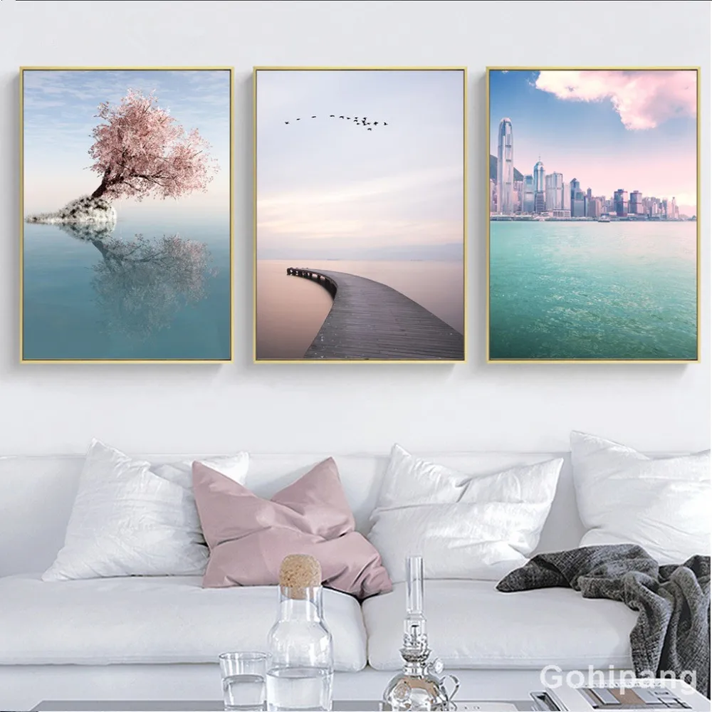 Nordic Modern Minimalist Artistic Tree Ocean Landscape Canvas Painting Entrance Poster and Prints Wall Pictures for Living Room