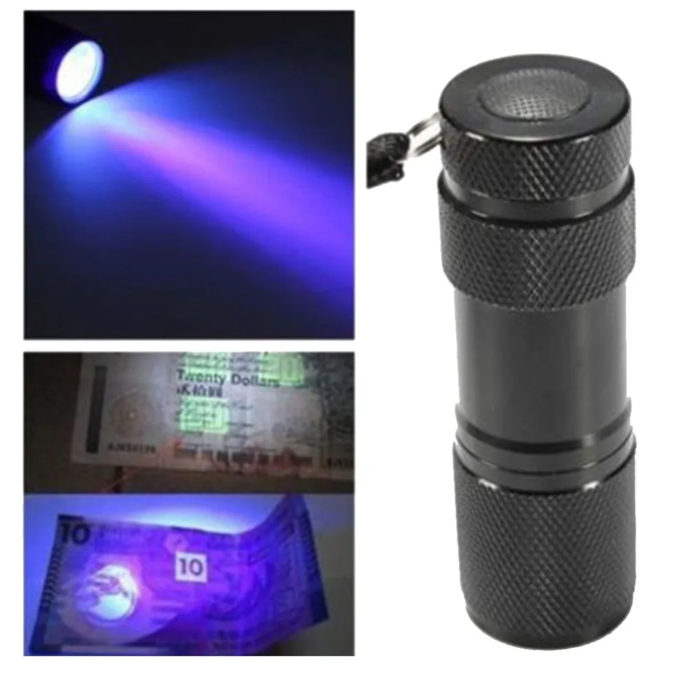9 Светодиодный УФ ультрафиолетовый фонарик черный Мини Алюминиевый Портативный свет Ультрафиолетовый фонарик лампа фонарик