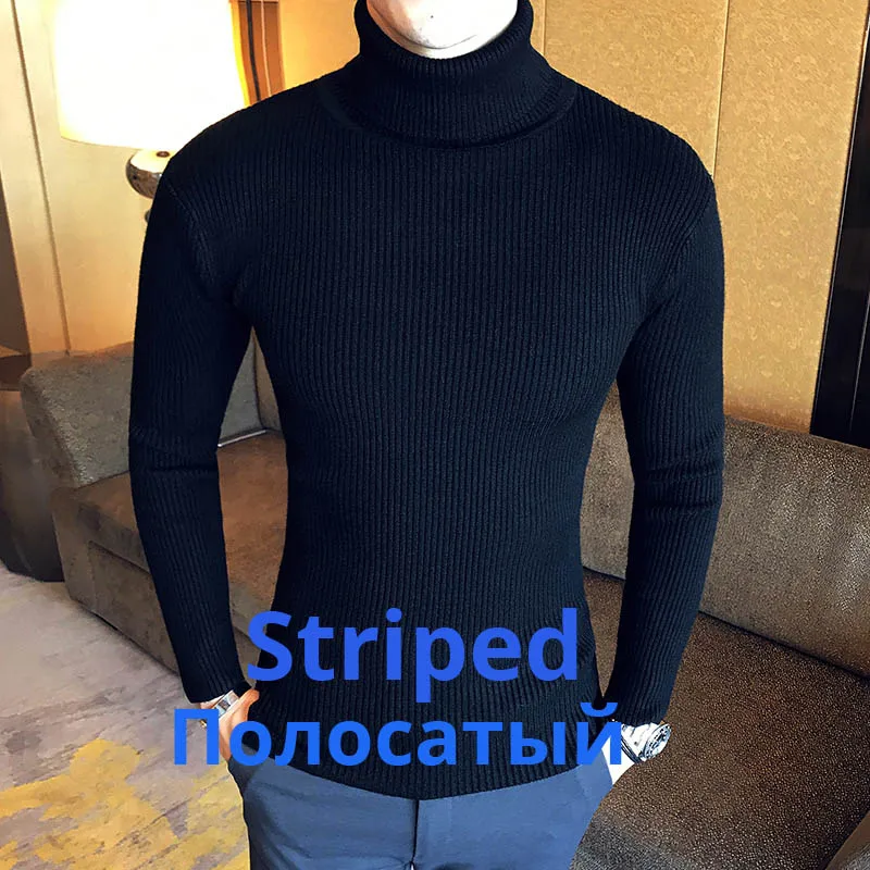 Осенне-зимний модный теплый мужской свитер с высоким воротом, мужские свитера, облегающий черный белый пуловер из эластичной ткани, мужской вязаный двойной свитер - Цвет: G03 black