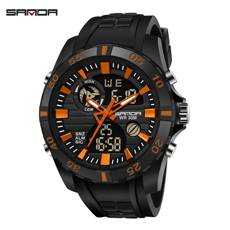 Sanda 791 спортивные часы для мужчин с двойным движением, мужские часы с Т-образным хронографом и будильником, мужские часы с ЖК-дисплеем, 3 АТМ водонепроницаемые черные наручные часы - Цвет: black orange