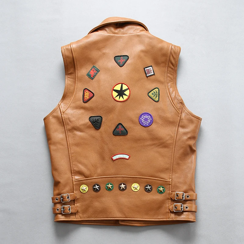 Blog 22083 Read Description! Asian size good quality Cow skin vest men's cowhide leather stylish patch & embroidery vest