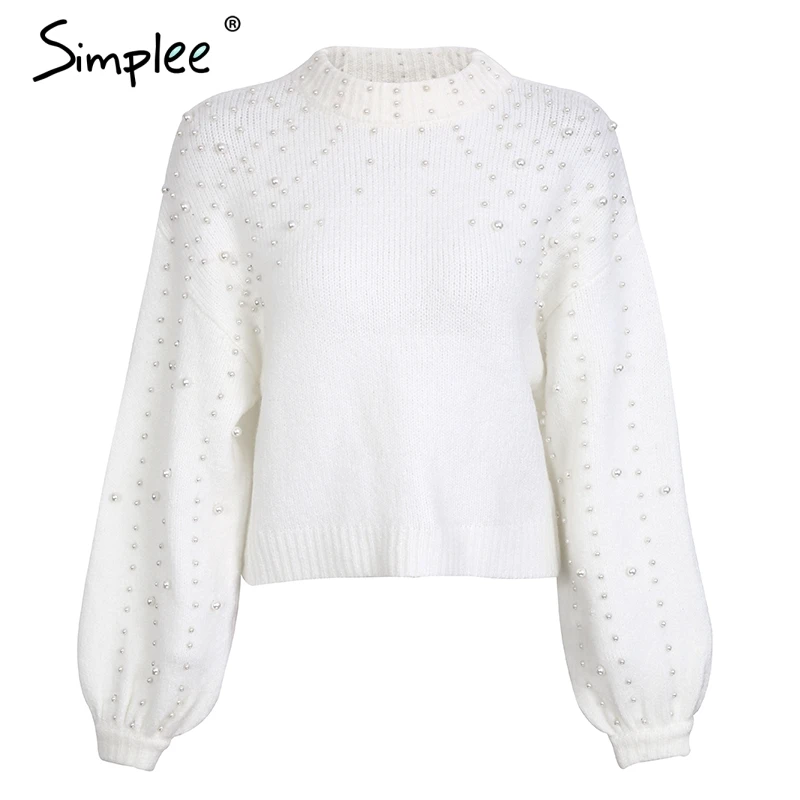 Billige Simplee Perle rollkragen winter gestrickte pullover Frauen laterne hülse lose grau pullover weibliche Weiche warme herbst casual jumper