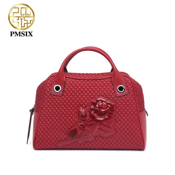 

PMSIX 2020 Embossed Floral Canvas Designer Handbags Soft Ling plaid Red Women Bags Large Capacity Casual Shoulder Bag