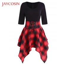 JAYCOSIN модное повседневное асимметричное женское мини-платье с круглым вырезом на шнуровке в шотландскую клетку в комплекте с шапками и ожерелья-шарфы