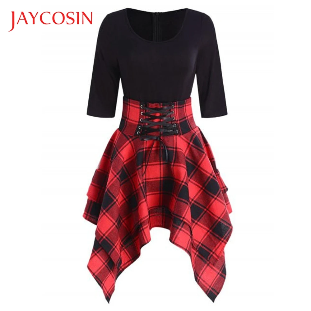 

JAYCOSIN O-Neck Fashion Casual Lace Up Tartan Plaid Print Asymmetrical Women Mini Dress Paired With Necklaces Scarves Hats