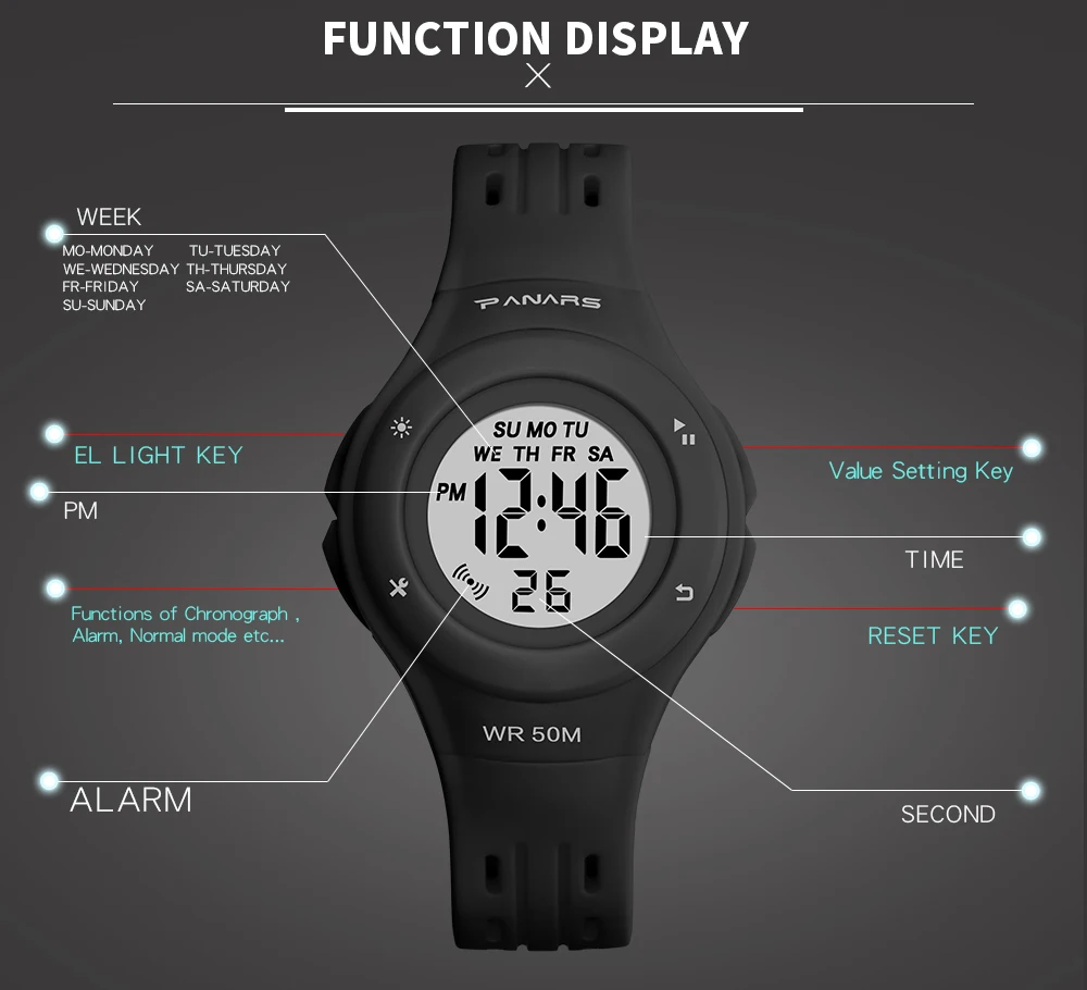 PANARS Красочные 7 цветов светодиодный детский часы WR50M водонепроницаемые детские наручные часы будильник многофункциональные часы для девочек и мальчиков