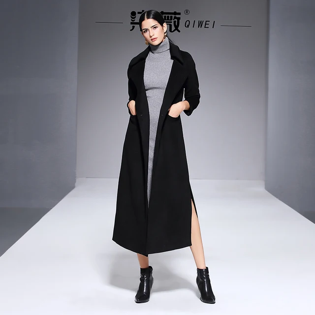 woolen overcoat women's new autumn and winter super long overcoat women's black knee length