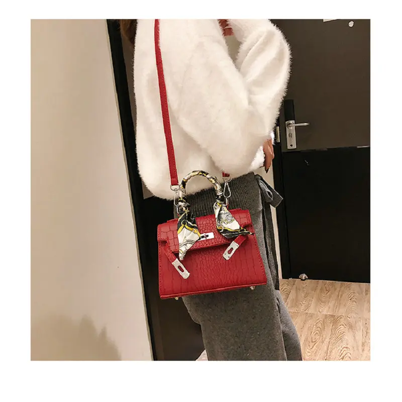 

FuAhaLu PU shoulder bags Hot 5 colors Vintage handbags crossbody bags solid with scarves Alligator Messenger bags for women