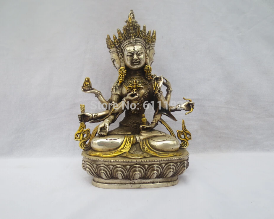 

9 Inch Home Feng Shui decor Buddhism gilt GuanYin sculpture,Tibet silver Buddha statue Metal crafts