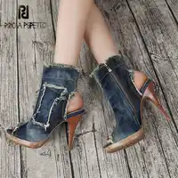Prova Perfetto Ankle Boots for Women Peep Toe High Heels Casual Denim Boot Jean Botas Mujer Women Platform Pumps Stiletto