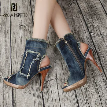 

Prova Perfetto Ankle Boots for Women Peep Toe High Heels Casual Denim Boot Jean Botas Mujer Women Platform Pumps Stiletto