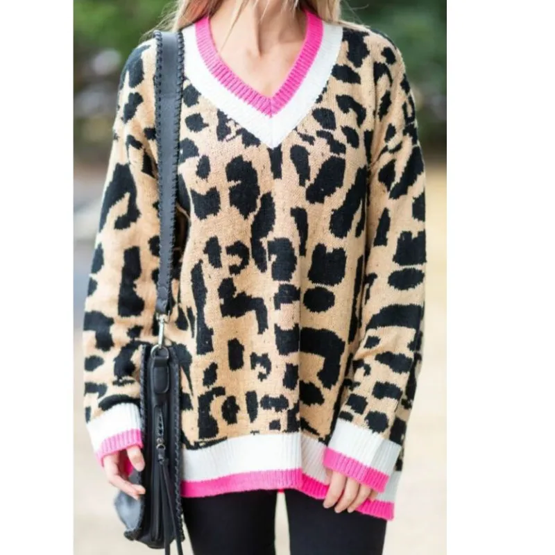 

New 2019 Autumn Winter Sweaters New Temperament Commuter Long-sleeved Loose Large Size Leopard-print Knit Pullover Sweater Women