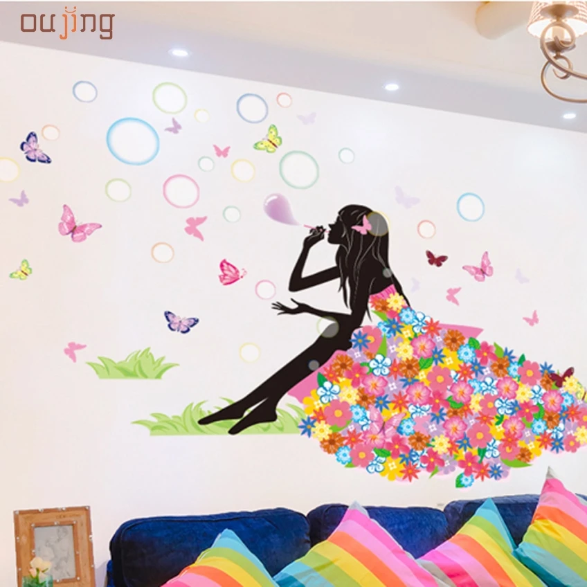 Image New Design Butterfly Flower Fairy stickers Bedroom Living Room Walls Happy Gifts Mural DIY Pegatinas De Pared Home Decor
