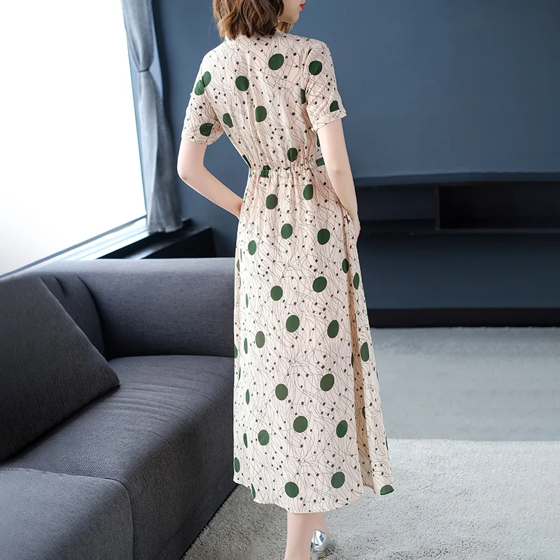 100% шелк летнее платье Для женщин Элегантный Boho пляжное мода горошек длинные