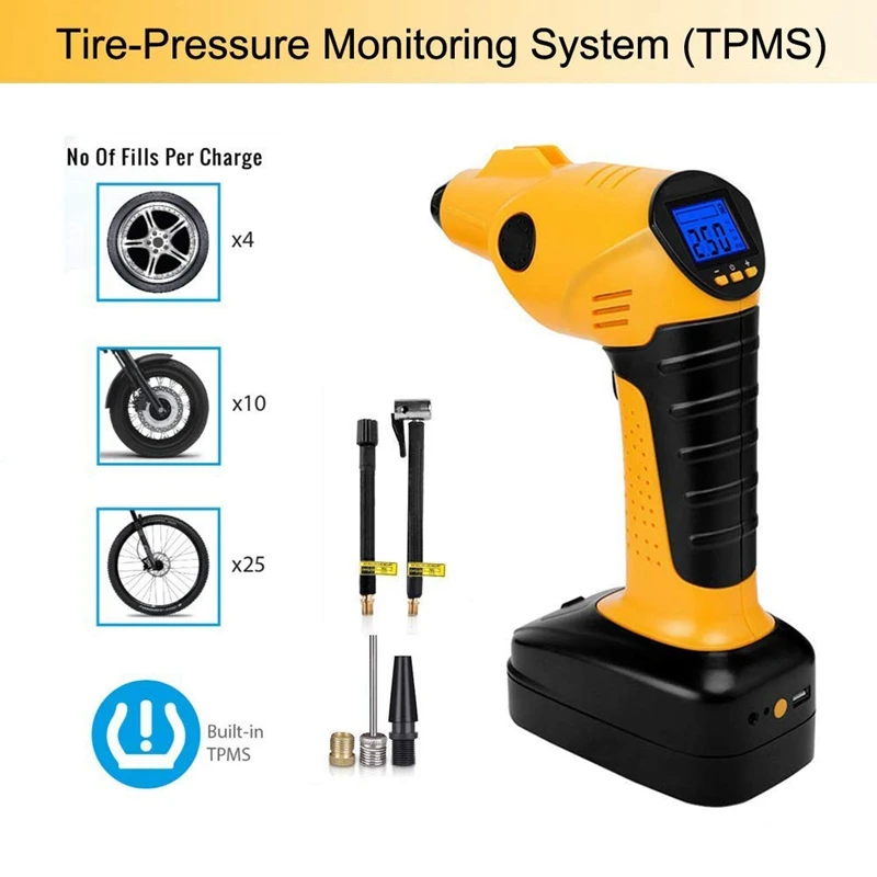 Портативный воздушный компрессор беспроводной шиномонтажный насос с цифровым дисплеем, светодиодное освещение, манометр 12 В идеально