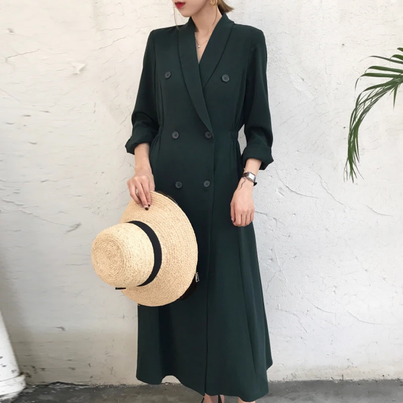 Korean Style 2018 Spring Women Blazers Solid Elegant Extra Long Double Breasted Slim Women Blazer and Jackets femme AO530