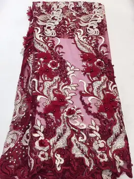 

2019 high quality wine red French lace fabric latest 3d applique mesh lace fabric with bead Nigerian lace 5 yards YYZ0923
