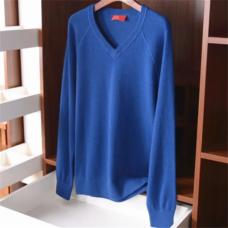  100%cashmere Vneck knit men casual loose pullover sweater S-XL solid color retail wholesale