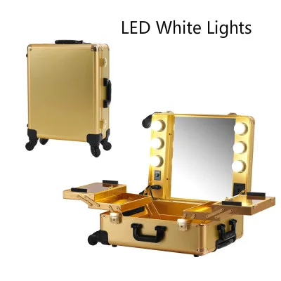 

Golden LED White Light Professional Aluminum Rolling Cosmetic Case Makeup Lighting Studio without legs portable Box 2016 New