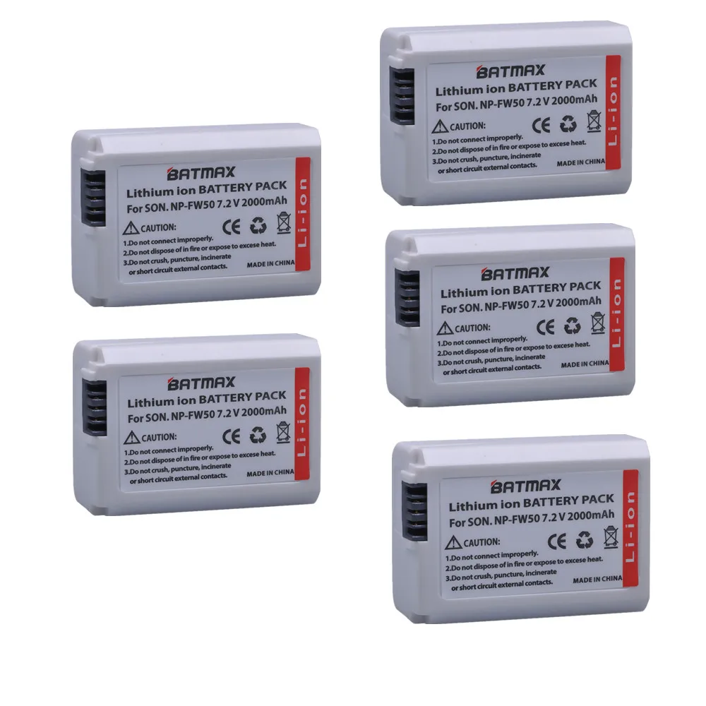 

Batmax 5pcs 2000mAh NP-FW50 NP FW50 Battery for Sony a37 a5100 NEX5T NEX5R X-7 NEX6 NEX-5N NEX5C NEX3N NEX3CV a33 a35 a37