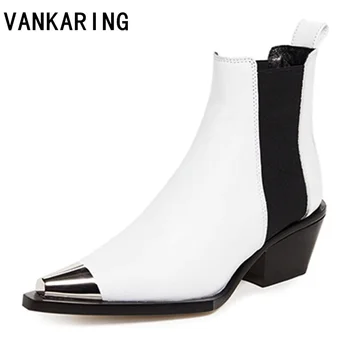 

VANKARING new women boots winter shoes heels ankle boots motorcyle punk shoes woman platform black metal pointed toe short boots