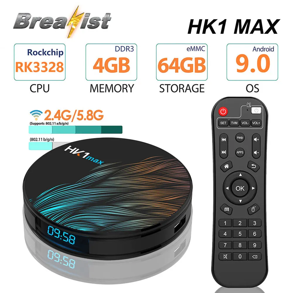 

Android TV Box Breakist HK1 Max Rk3288 Android 9.0 16G/32G/64G 1080p Wifi Google Play Netflix IPTV Set top Box support Smart TV