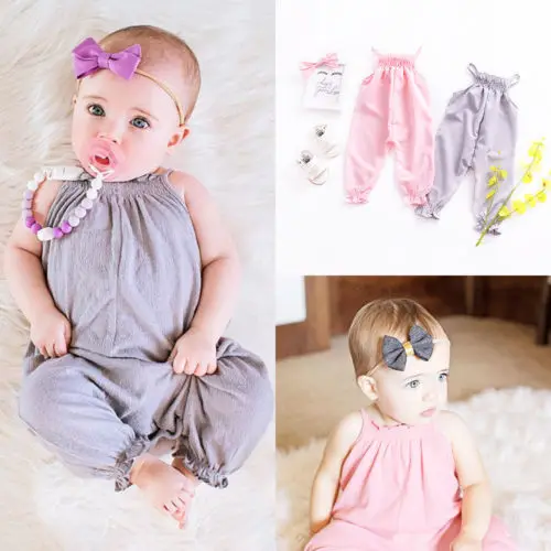 

New Style Summer Pink&Gray Rompers Kids Baby Girl Clothes Strap Romper Infant Casual Loose Sleeveless Jumpsuit Playsuit Outfits