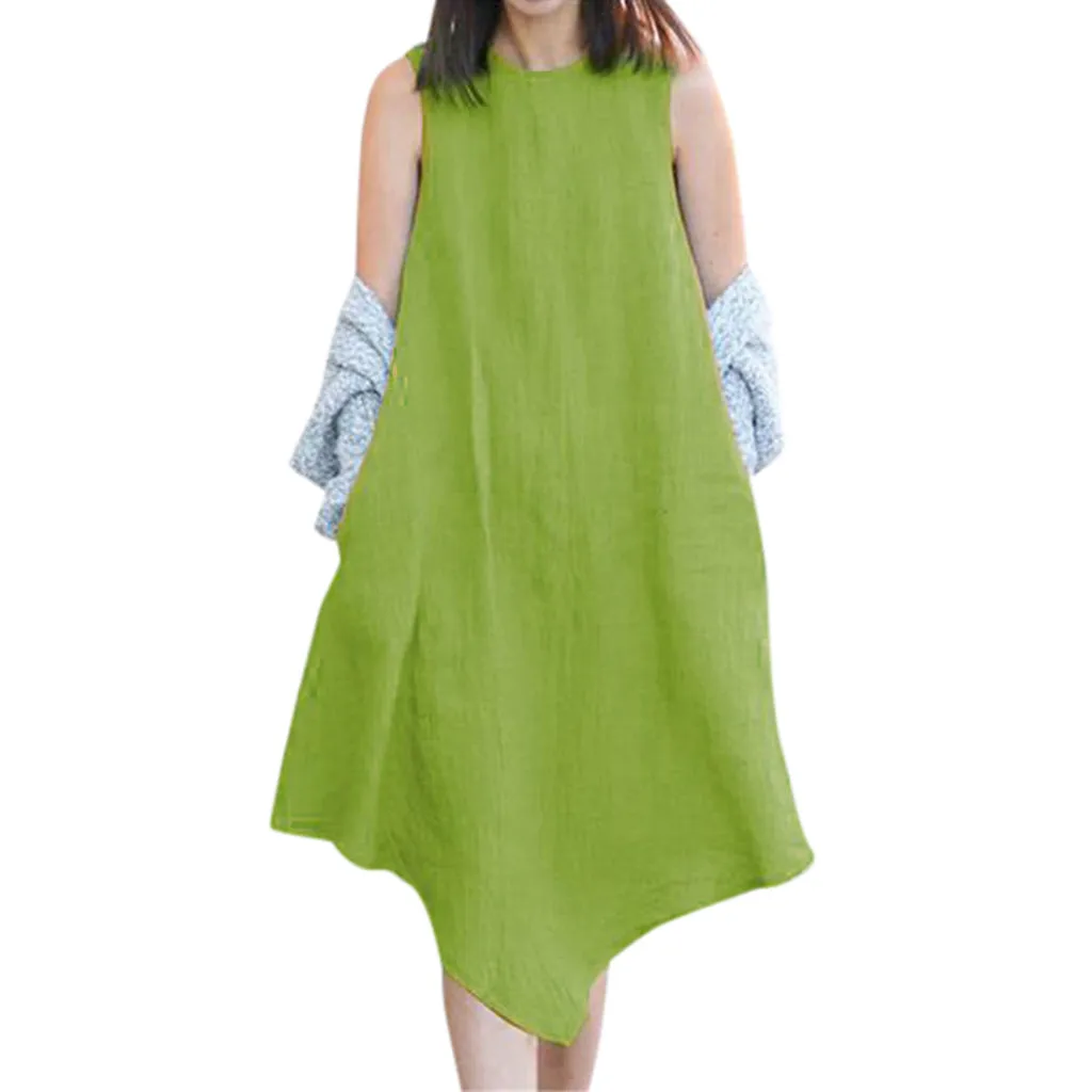 

Loose Large Size Cotton Linen Comfortable Solid Color Sleeveless Irregular Long Dress Summer Streetwear Casual Novel Brief Dress