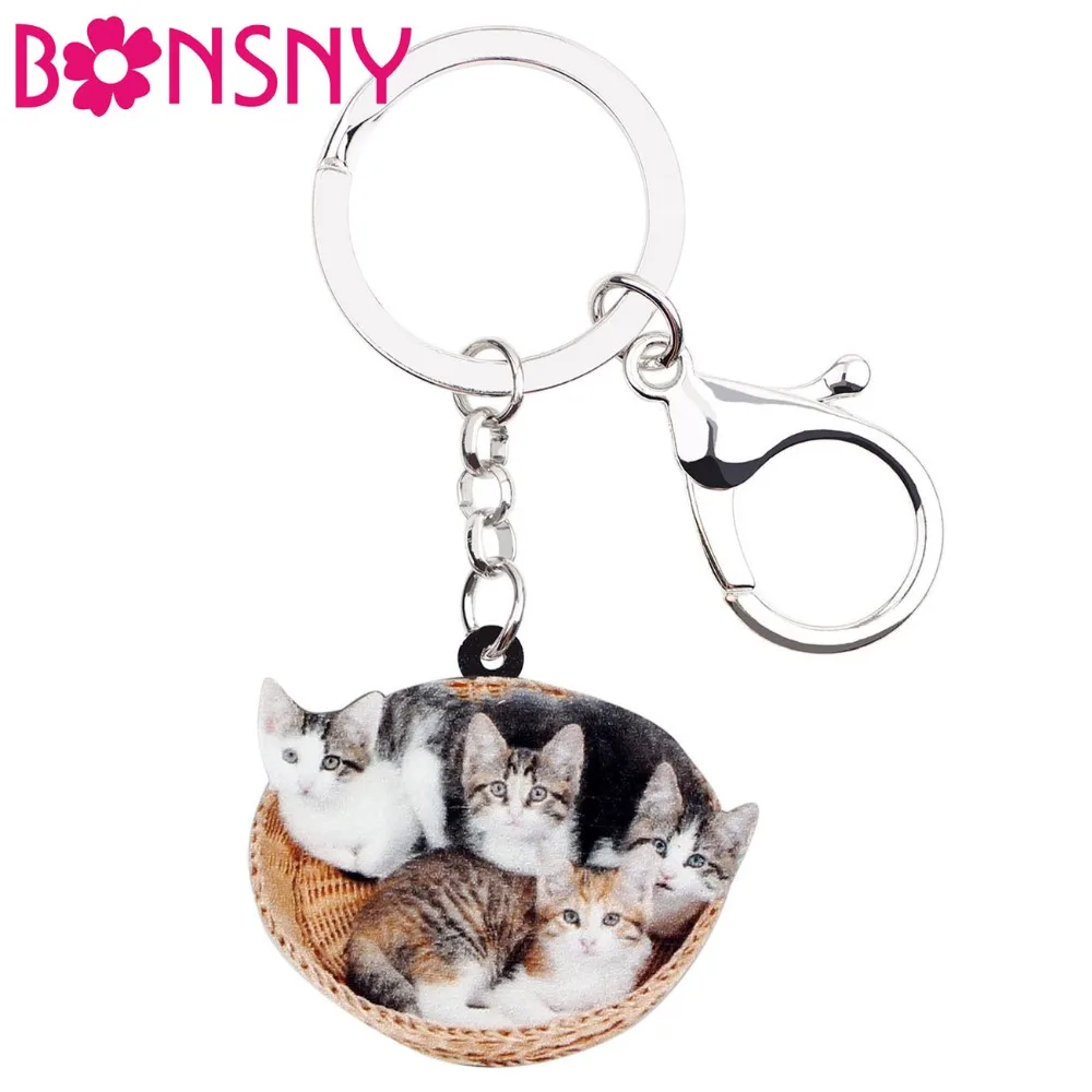 Bonsny акриловая мультяшная корзина кошка котенок брелок кольцо держатель милое