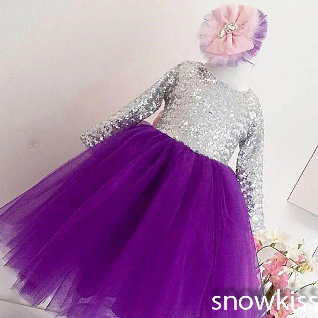 

Bling silver sequins Long Sleeves Purple flower girl dress Baby Birthday Party glitz pageant dresses ball gowns for Kids Evening