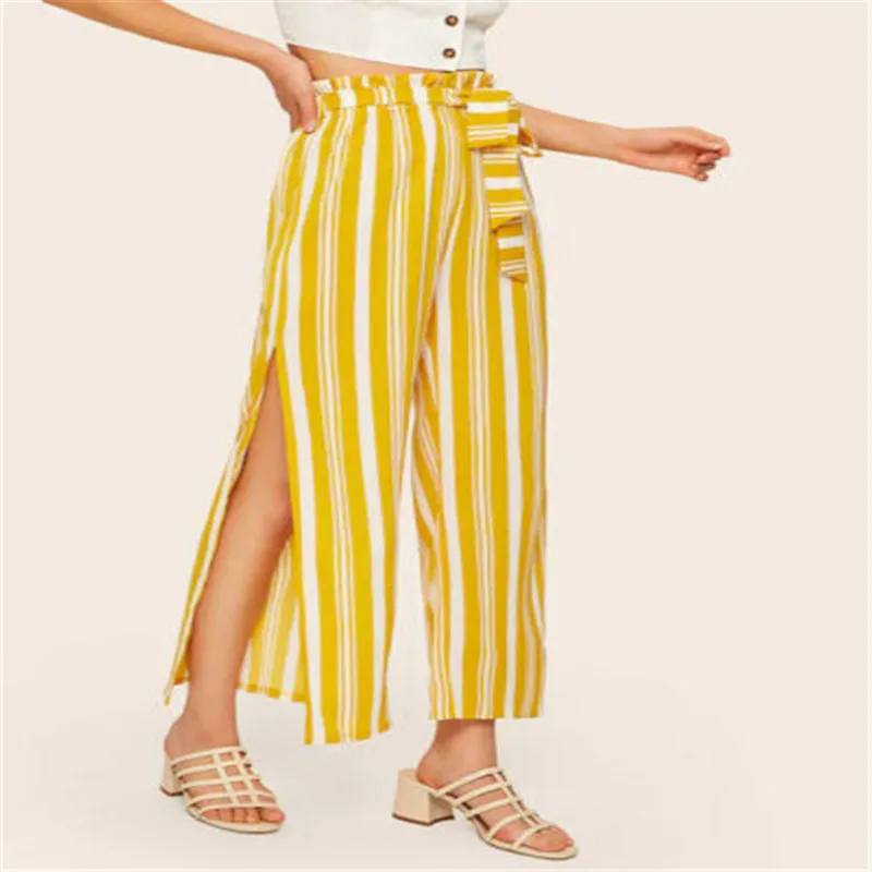 

Trendy Women clothes Summer Striped Elastic slit Legging High Waist Casual Loose Polyester Trouser one pieces