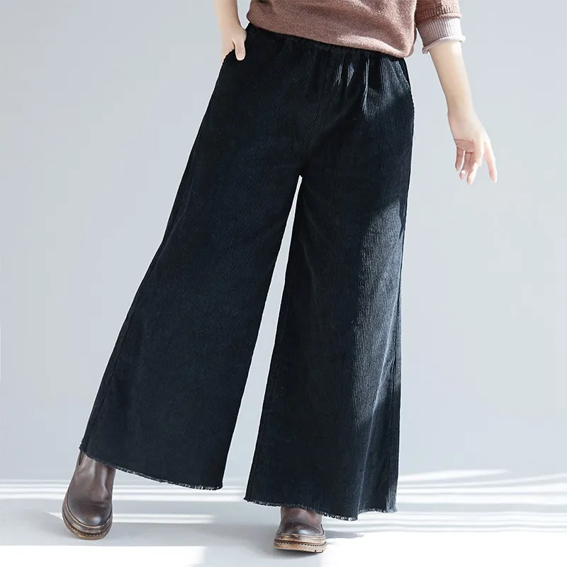Mferlier вельветовые Широкие штаны для женщин, эластичная талия, однотонные, черные, коричневые, свободные, Ретро стиль, универсальные, женские, новинка, зимние брюки - Цвет: Черный