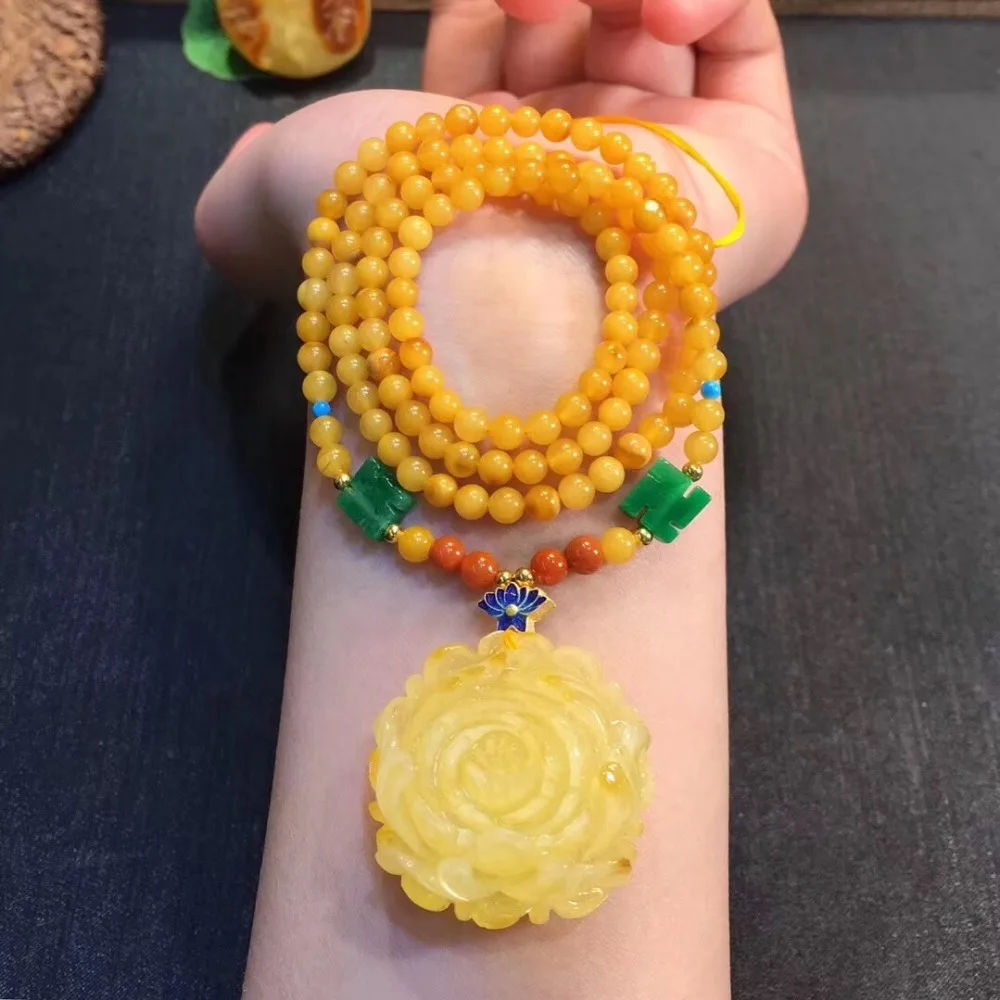 

100% Natural Yellow Gold Rose Amber Pendant 32x32x18mm Amber Necklace For Woman Man Gift Stone Round Bead Gemstone AAAAA