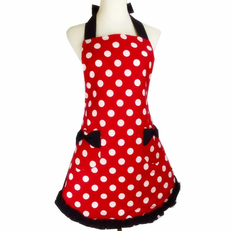 XiuMood Cute Black Lace Red White Dots Kitchen Cooking Aprons For Women