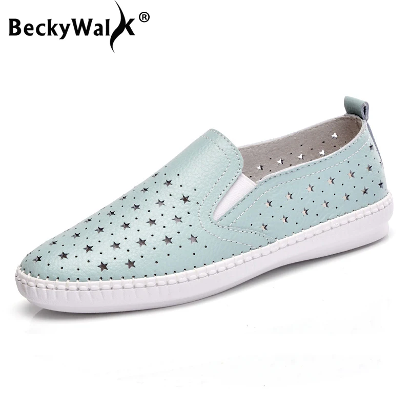 

BeckyWalk Blue/White/Black Lady Sandals Shoes Summer Women Shoes Cutout Star Slip-On Loafers Genuine Leather Shoes Woman WSH2703
