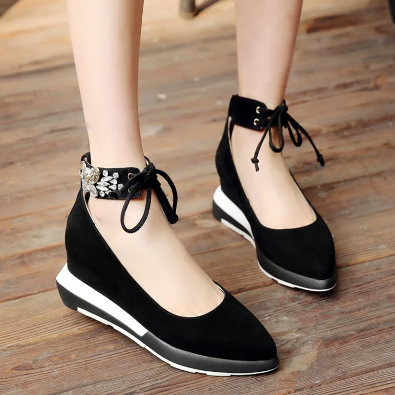

Gray Black Suede Pointy Toe Slope Heels Women Wedges With Rhinestone 2017 Spring New Arrival Singles Shoes Promotion Discount