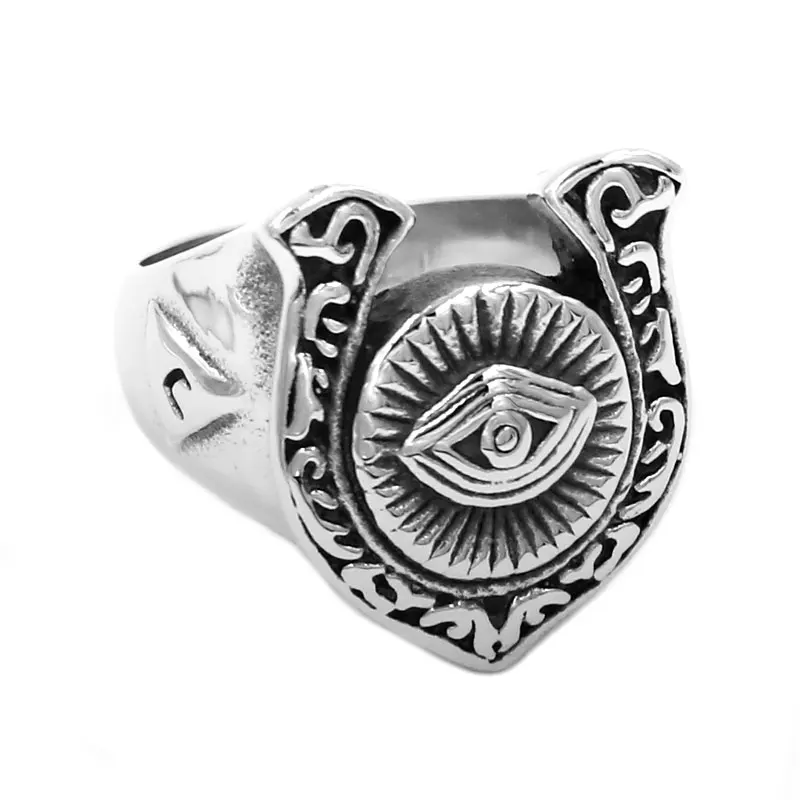 

Illuminati Pyramid Eye Symbol U-Shaped Horseshoe Ring Stainless Steel Silver Gold Masonic Biker Men Boys Ring Wholesale SWR0728