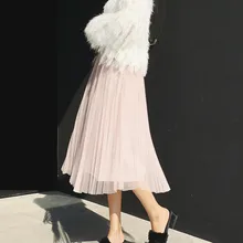 Для женщин блестящие длинные плиссированные юбки эластичная талия с двухслойным кружевны основаним сарафан женские новые пикантные однотонные Цвет милые юбки Лидер продаж