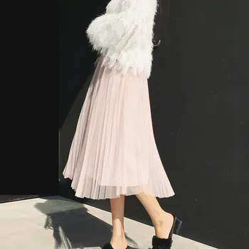 

Women's Sparkly Long Pleated Skirt Elastic Waisted Double Layer Lace Sundress Ladies' New Sexy Soild Color Sweet Skirts Hot Sale