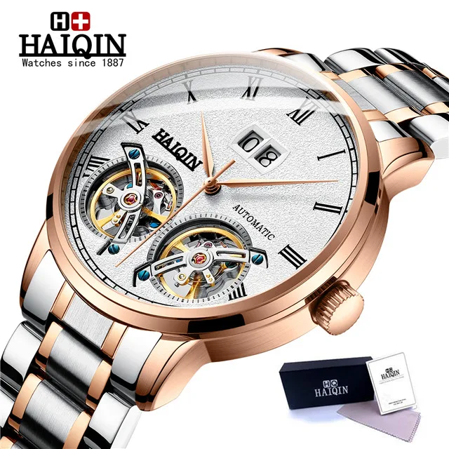 HAIQIN мужские s часы Топ люксовый бренд автоматические механические наручные часы Мужские Двойные Tourbillon модные водонепроницаемые часы relogio masculino - Цвет: S-gold white