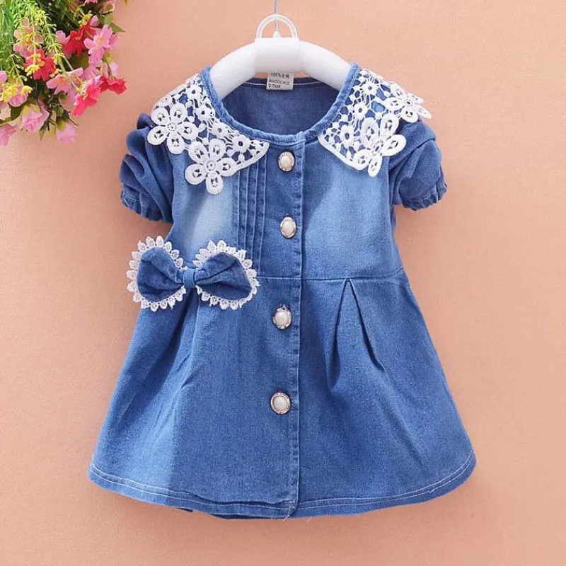 Newborn Baby Girls Lace Bow Denim Shirt Dress Kids Girl Button Denim Short Sleeve Dresses Hot