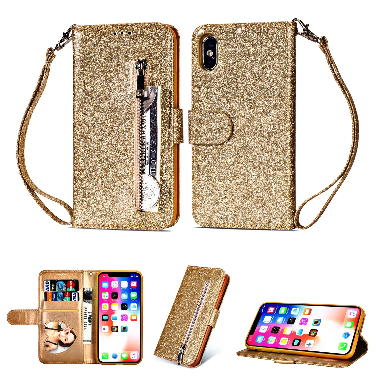 

Leather Case For iPhone X XR XS Max Zipper Wallet PU Holder Stand Silicone Flip Cover For 8 7 6 6S Plus Glitter With Card Slot