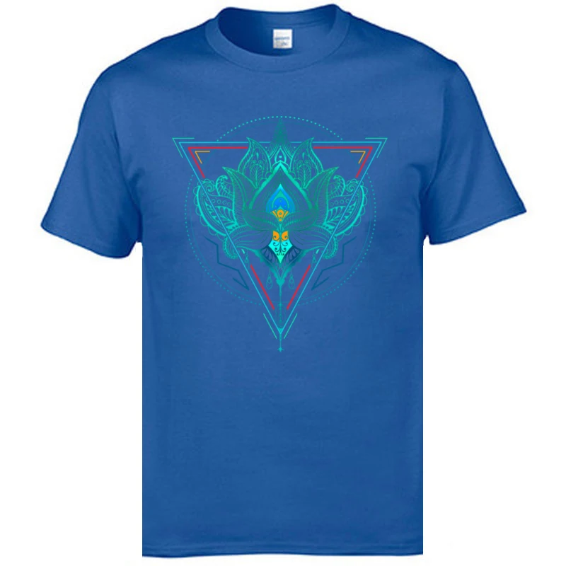 Unique O-Neck Tshirts Summer Fall Tops & Tees Short Sleeve 2018 Fashion Cotton Fabric Street Tops Tees Hip hop Men Lotus The Flower Of Life in Triangle blue